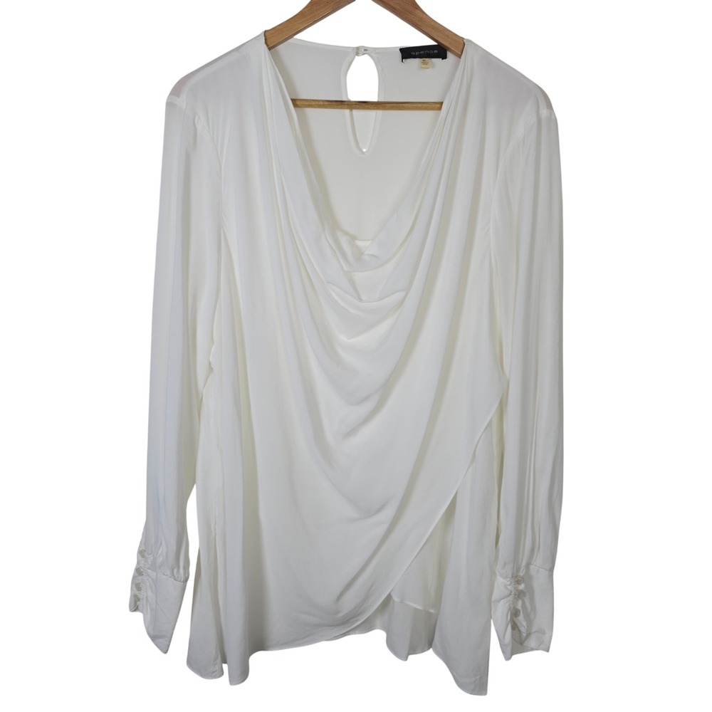 Spense Womens XL White Draped Cowl Neck Long Sleeve Viscose Blouse Keyhole Back